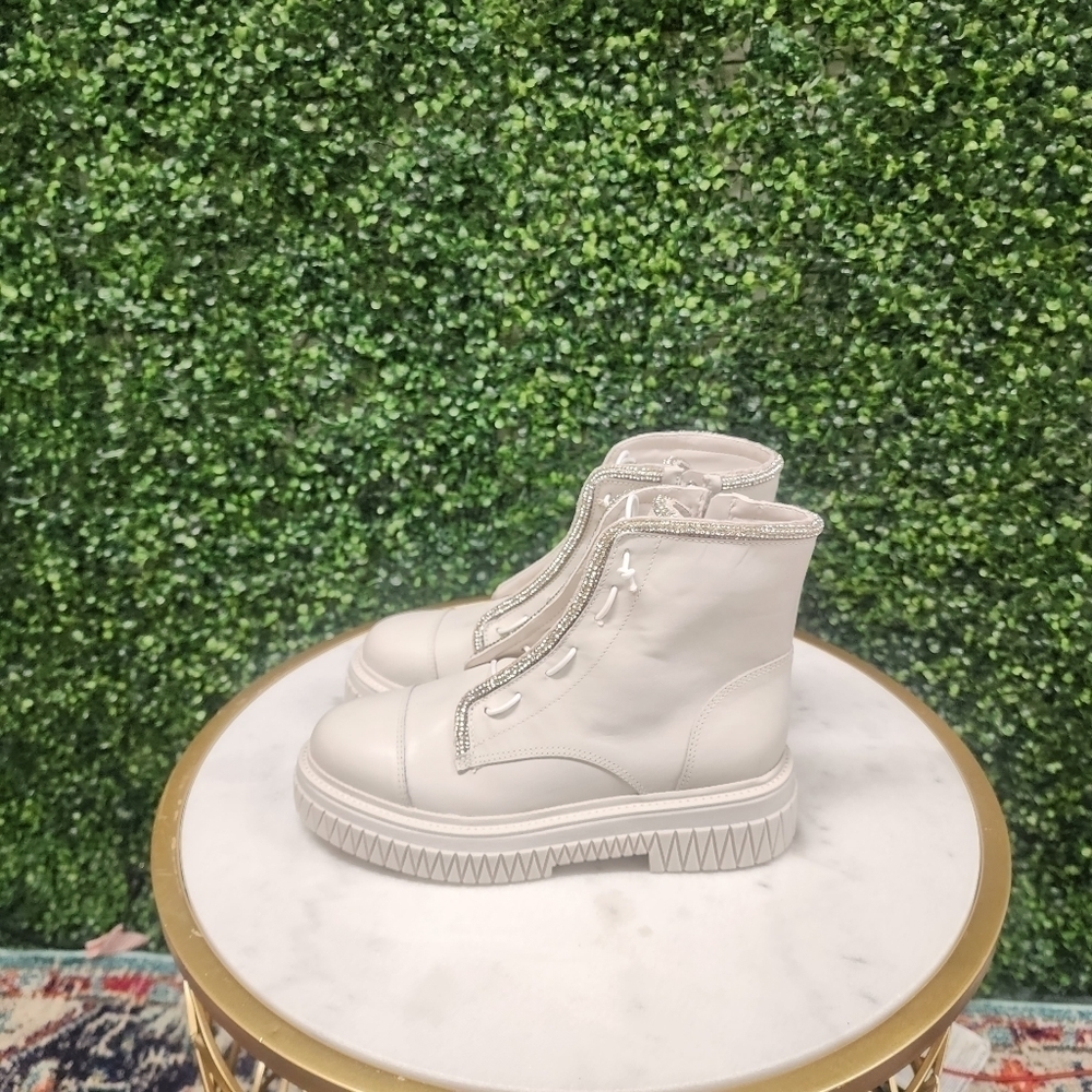 SCHUTZ Women's Amirah Metallic Trim Platform Pearl Booties - Picture 2 of 5